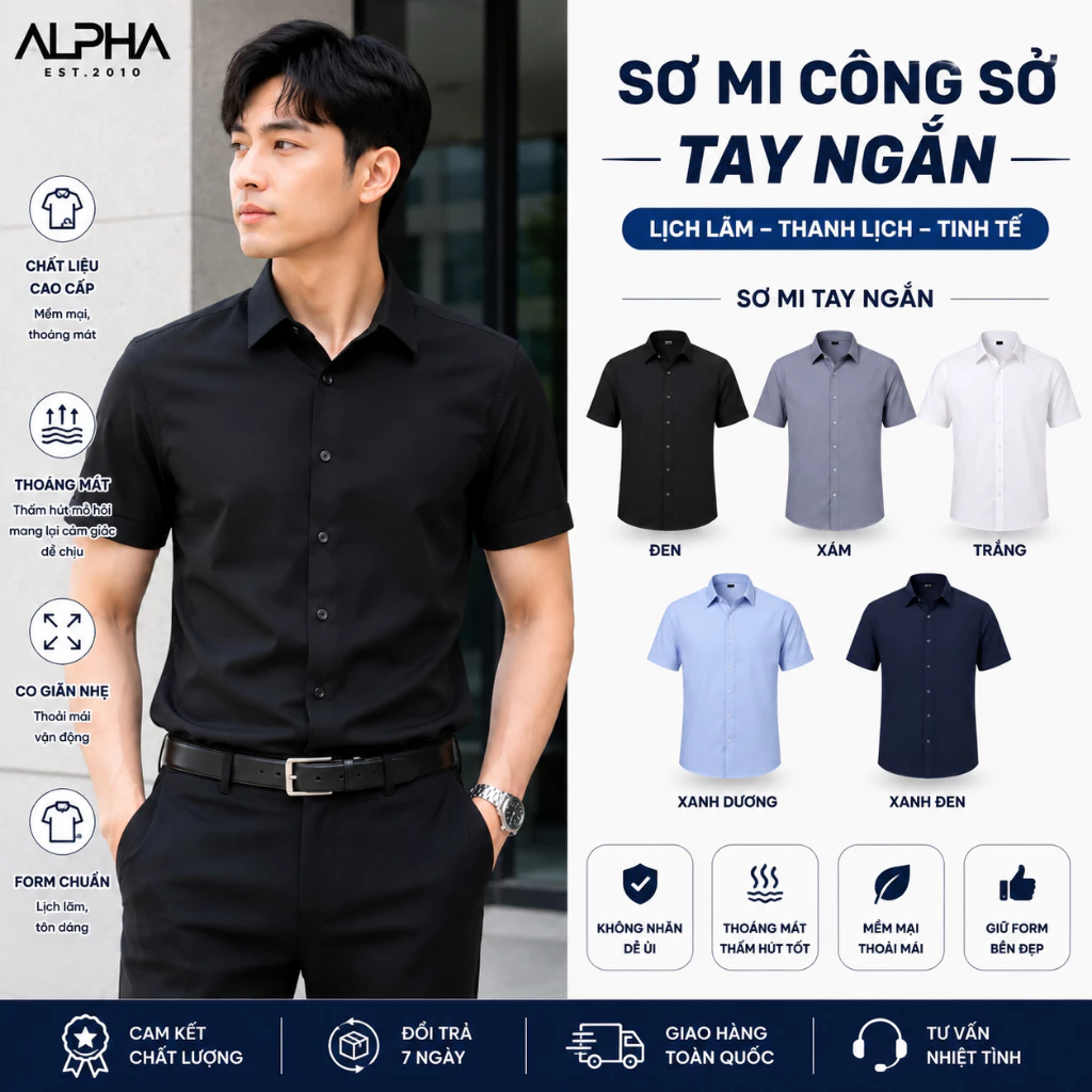 Áo Sơ Mi Nam Ngắn Tay GEN ALPHA Vải Lụa Mịn Cao Cấp Form Rộng Trơn Basic Nhăn Nhẹ Mặc Đi Làm Đi Chơi