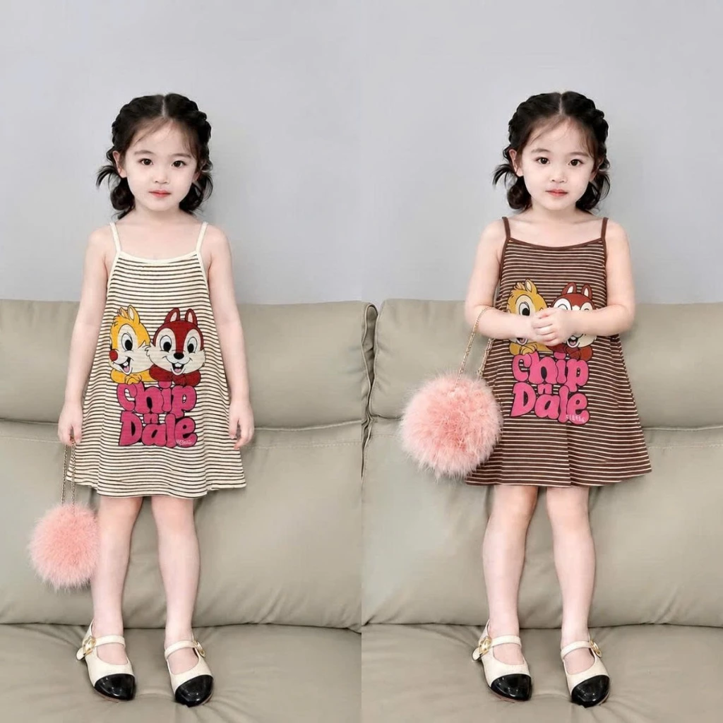 [14-44kg]  Váy 2 dây kẻ in hình sóc chuột cute dễ thương xinh đẹp mùa hè dành cho bé gái đáng yêu mềm mại VÁY CON SÓC