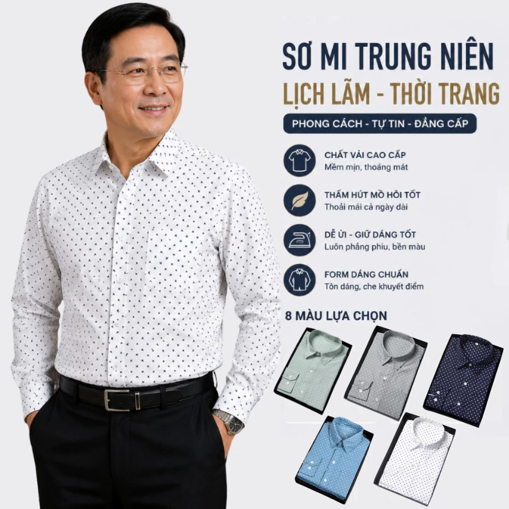 Áo Sơ Mi Nam Trung Niên Tay Dài GENALPHA Vải Lụa Co Giãn Form Rộng Classic Có Túi - GEN066