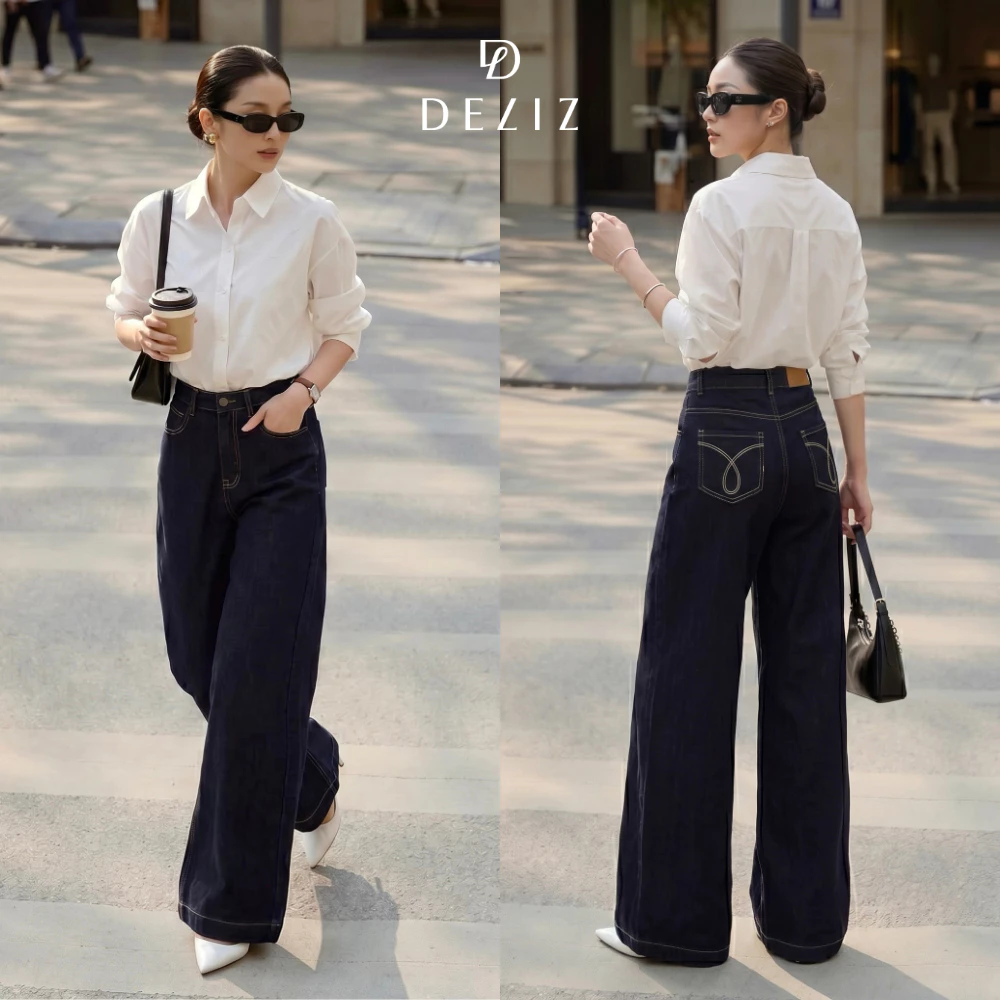 DELIZ JEAN PREMIUM - Quần jean nữ ống rộng co giãn thêu túi sau cạp vừa đứng form dễ mặc J421 (đã cắt sẵn khuy)