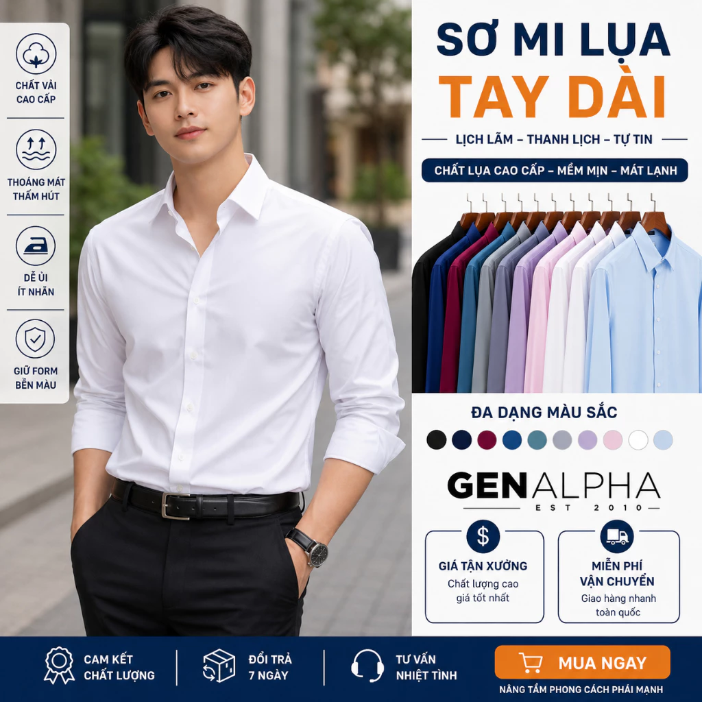 Áo Sơ Mi Nam Trơn Dài Tay Công Sở GEN ALPHA Vải Lụa Chéo Mềm Mịn Đẹp Chống Nhăn Đi Làm Đi Chơi