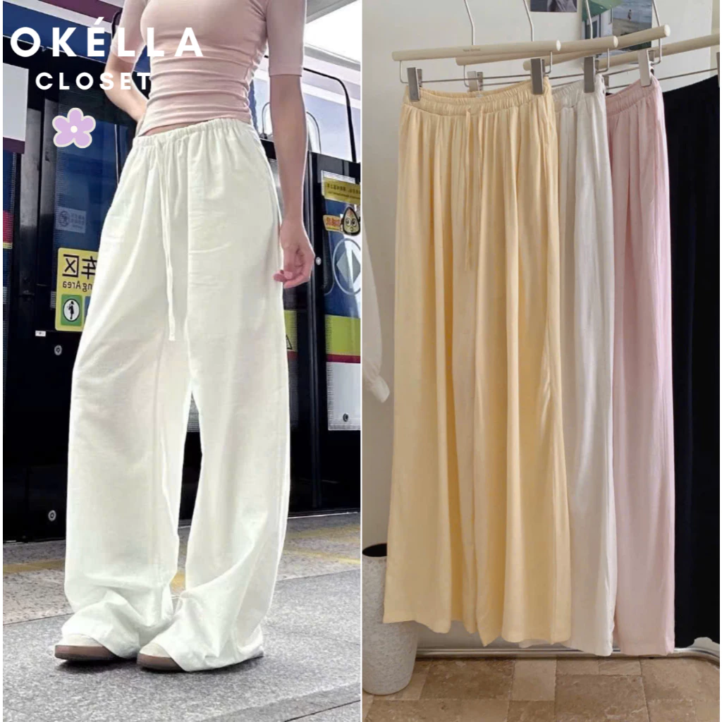 [SẴN_Hàng QC] Quần Đũi Linen Basic 2 LỚP cạp chun, Quần Suông Linen tơ mềm mát  OKÉLLA (dài 102-104cm)