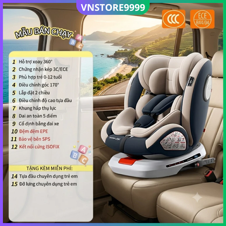 Ghế ngồi an toàn cho bé trên oto, phiên bản xoay 360°, nghiêng 170°có isofix mã XN07