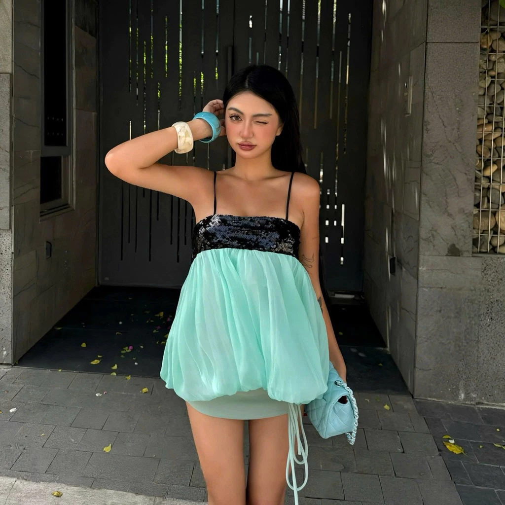 673 - Áo Babydoll Bí Xanh Ngọc Phối Kim Sa Cao Cấp