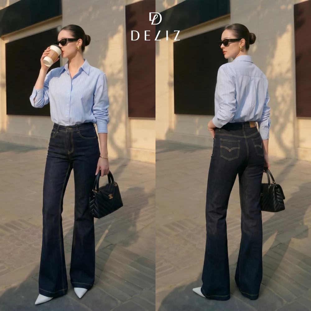 DELIZ JEAN PREMIUM - Quần jean nữ ống loe co giãn thêu túi sau cạp vừa phong cách Hàn Quốc J422 (đã cắt sẵn khuy)