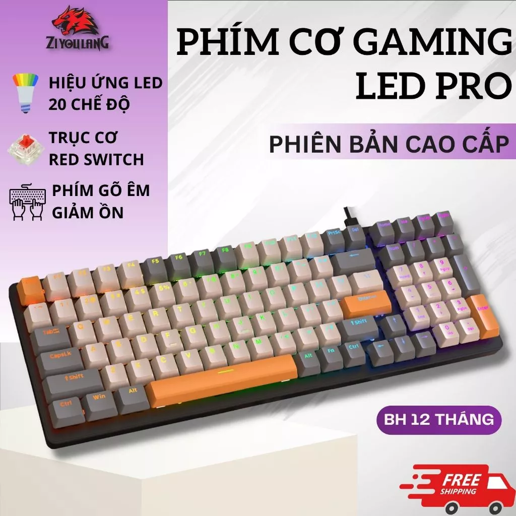 Bàn Phím Cơ Silent Free Wolf K3 - LED Đổi Màu Gaming, Trục Cơ Red Switch, Gõ Êm Giảm Ồn, Full Size