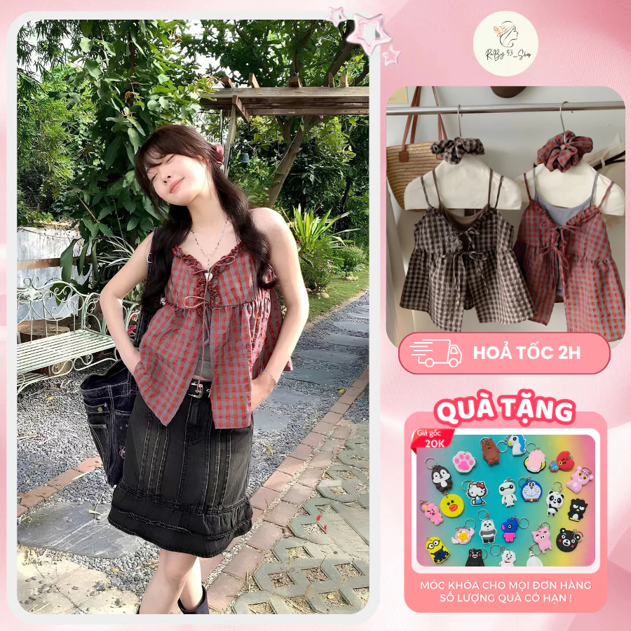 Set 3 Chi Tiết Gồm Áo 2 Dây Cotton, Áo 2 Dây Caro Ngoài Và Scrunchie Đồng Bộ Form Xinh Mặc Mát