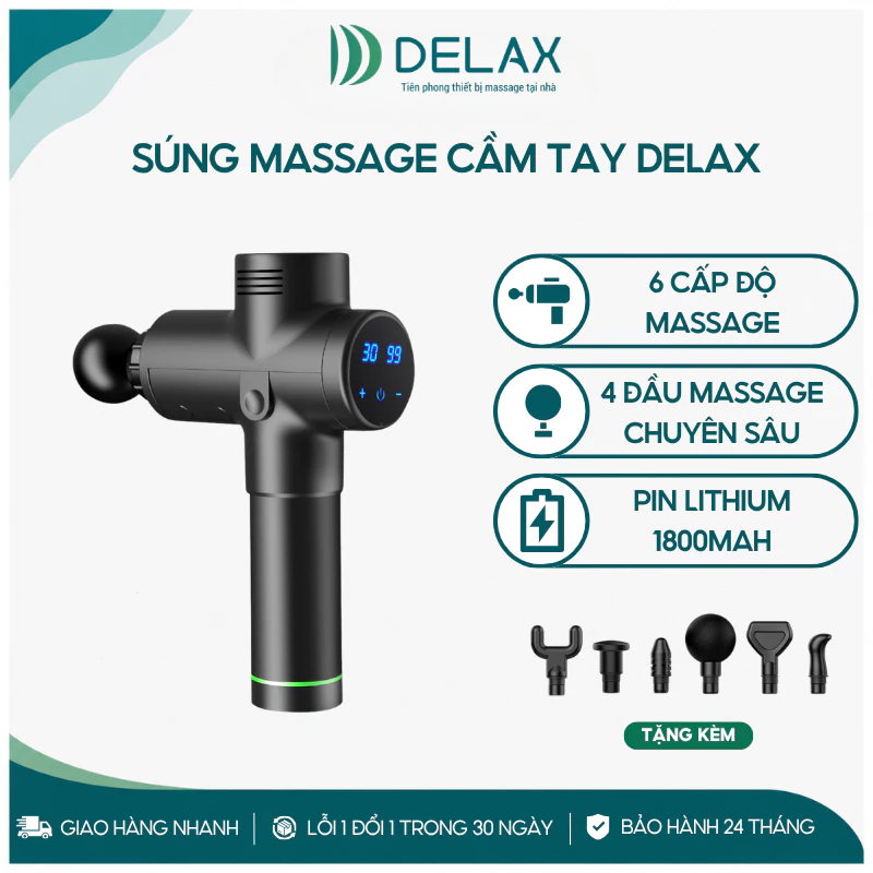 Súng Massage Cầm Tay DELAX 30 Cấp Độ, 6 Đầu Massage Chuyên Sâu, Giảm Đau Nhức Cơ Toàn Thân DS21