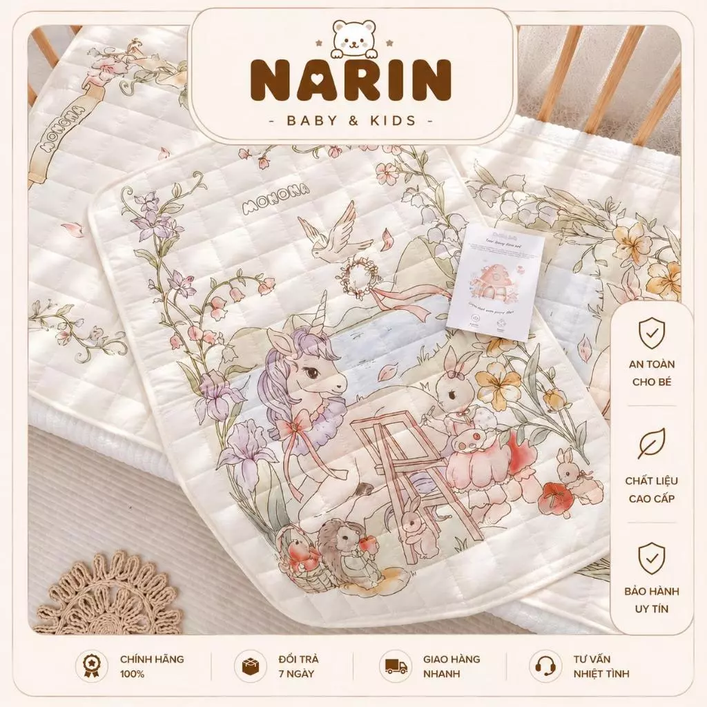 Lót chống thấm Monona trần vuông in cotton mềm mịn, an toàn nâng niu làn da nhạy cảm của bé