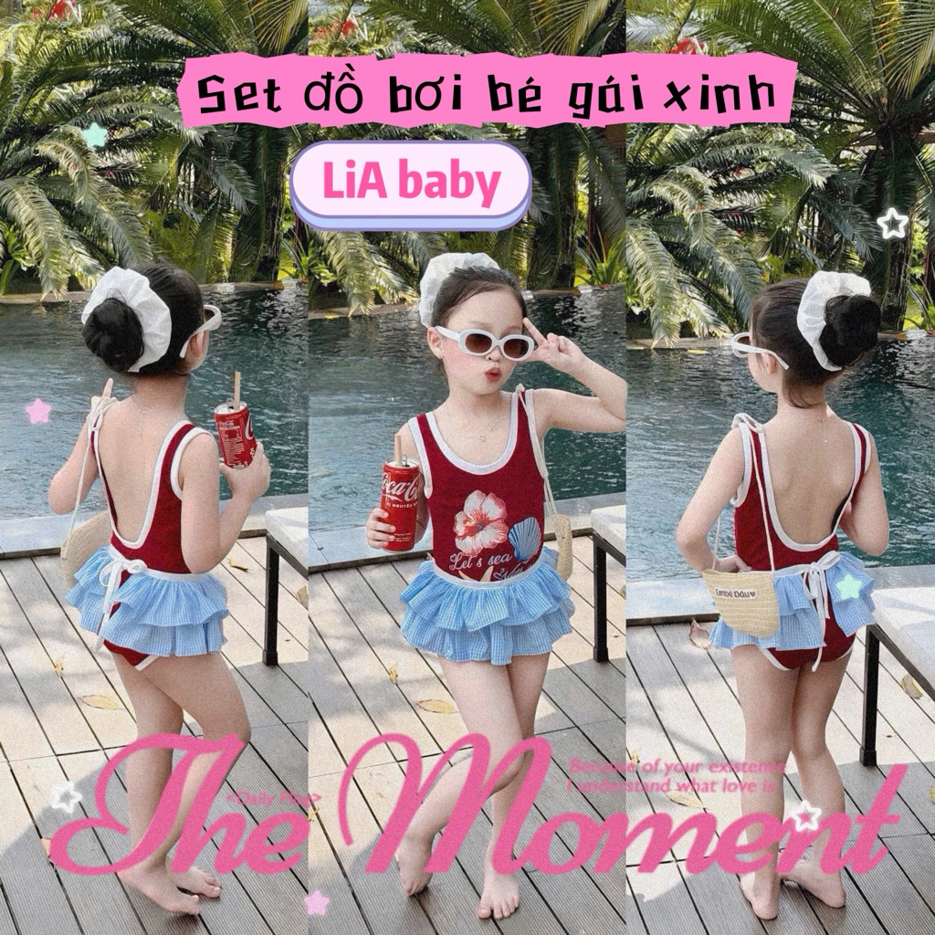 (Mới Về ) Set đồ bơi bikini liền khoét lưng phối chân váy kẻ xinh xắn cho bé gái diện đi bơi , đi biển (9-35kg)