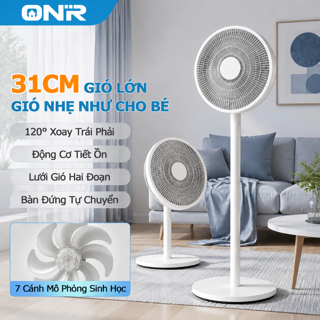 ONR-Quạt Điện, Quạt Cây Đứng Tăng Hiệu Suất Làm Mát Với Thiết Kế 7 Cánh Sử Dụng Motor Bạc Đạn