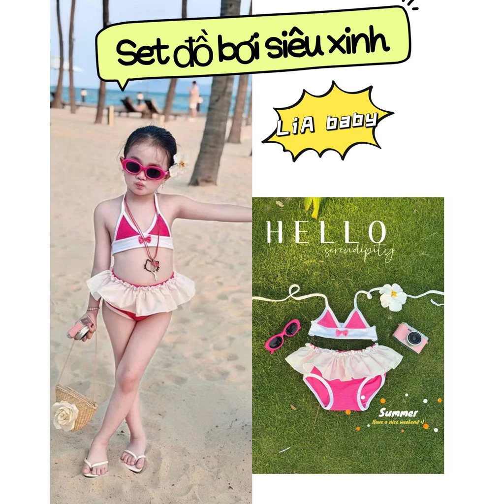 [Siêu Hót] Set đồ bơi bikini bé gái hồng phối bèo xinh xắn đáng yêu đi biển (9-30kg) -Q8