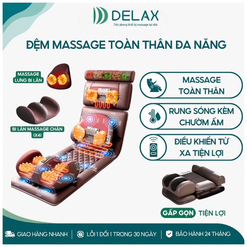 Đệm Massage Toàn Thân DELAX Massage Cổ Vai Gáy Lưng Eo Chân, Sóng Rung Chườm Nóng Đa Năng DT11