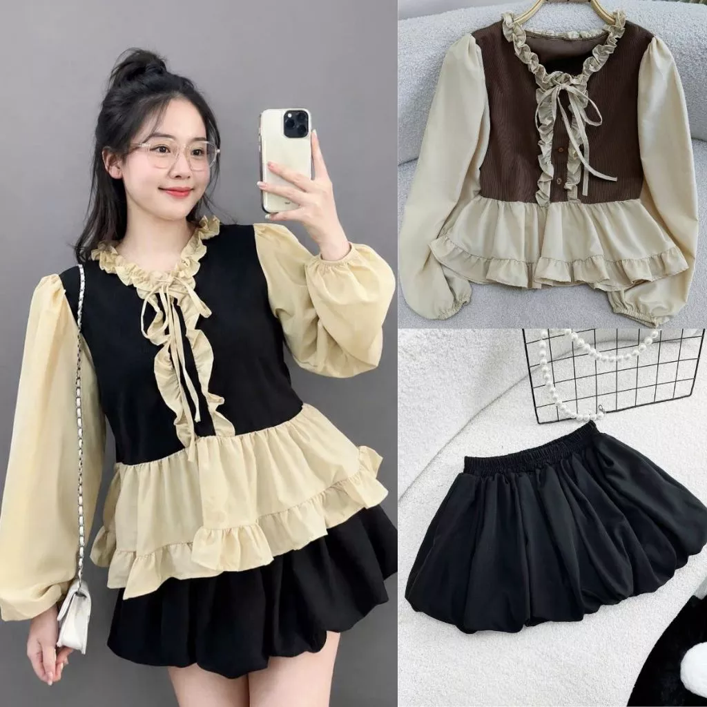 Sét váy tiểu thư nữ Bigsize, thân áo chất vải nỉ tăm phối vải xoa mềm, có dây cột eo dễ thương xinh xắn -A336+CV413