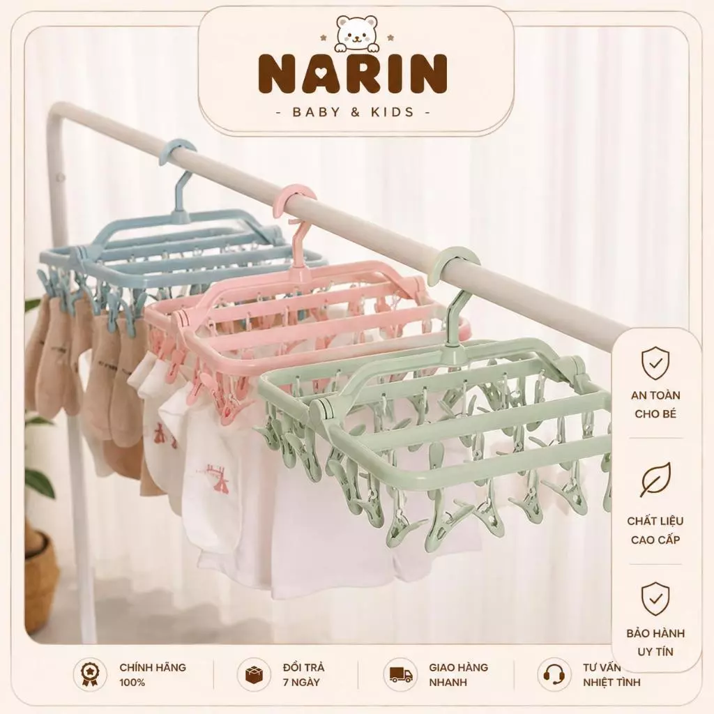 Móc treo quần áo cho bé Honper 32 kẹp chất liệu nhựa an toàn, gấp gọn dễ dàng phù hợp với mọi gia đình.
