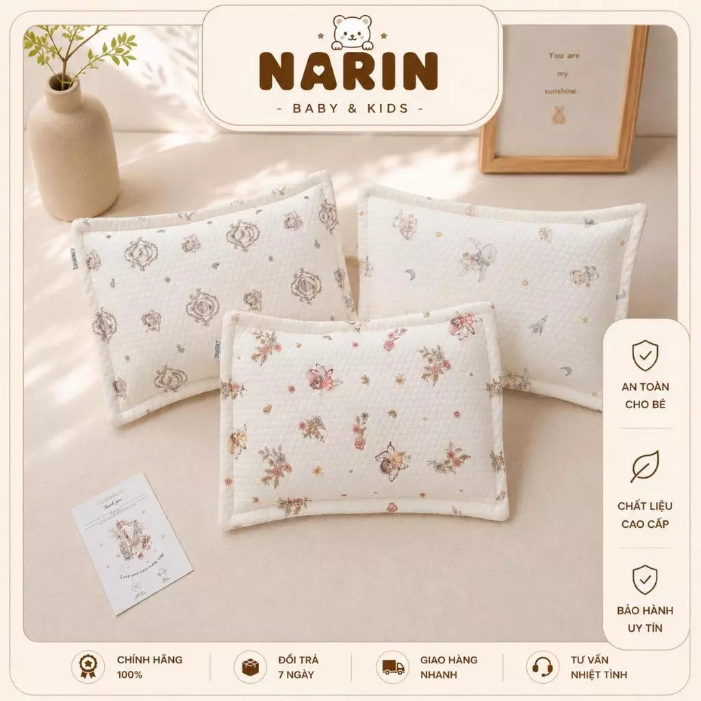 Gối Sơ Sinh Monona:a Cotton Lụa Cao Cấp - Gối Bông Cho Bé Trai Bé Gái, Mềm Mại Thoáng Khí, Hoạ Tiết Cổ Tích