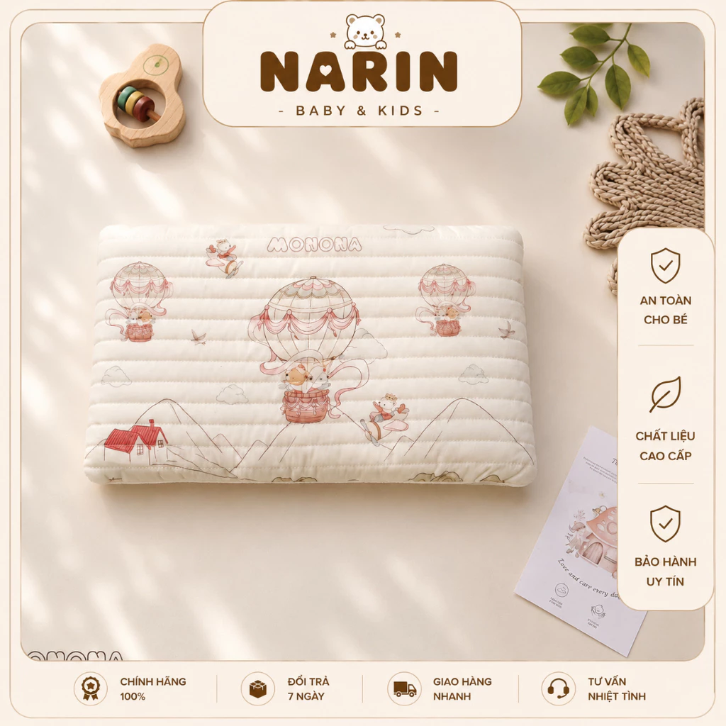 Gối cao su non Monona họa tiết cổ tích, cotton trần bông thấm hút mồ hôi, ruột cao su có lỗ thoáng khí, an toàn cho trẻ.