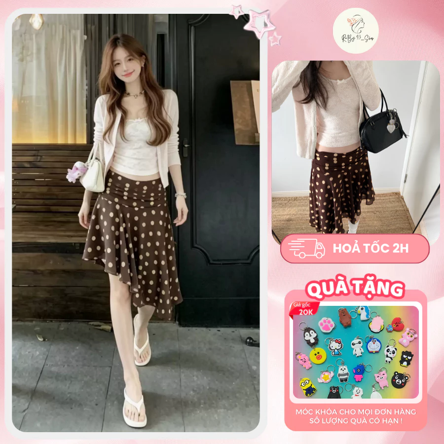 Set Váy Chấm Bi Nàng Thơ Phối Cardigan Ren, Áo 2 Dây Và Chân Váy Xòe Đi Biển