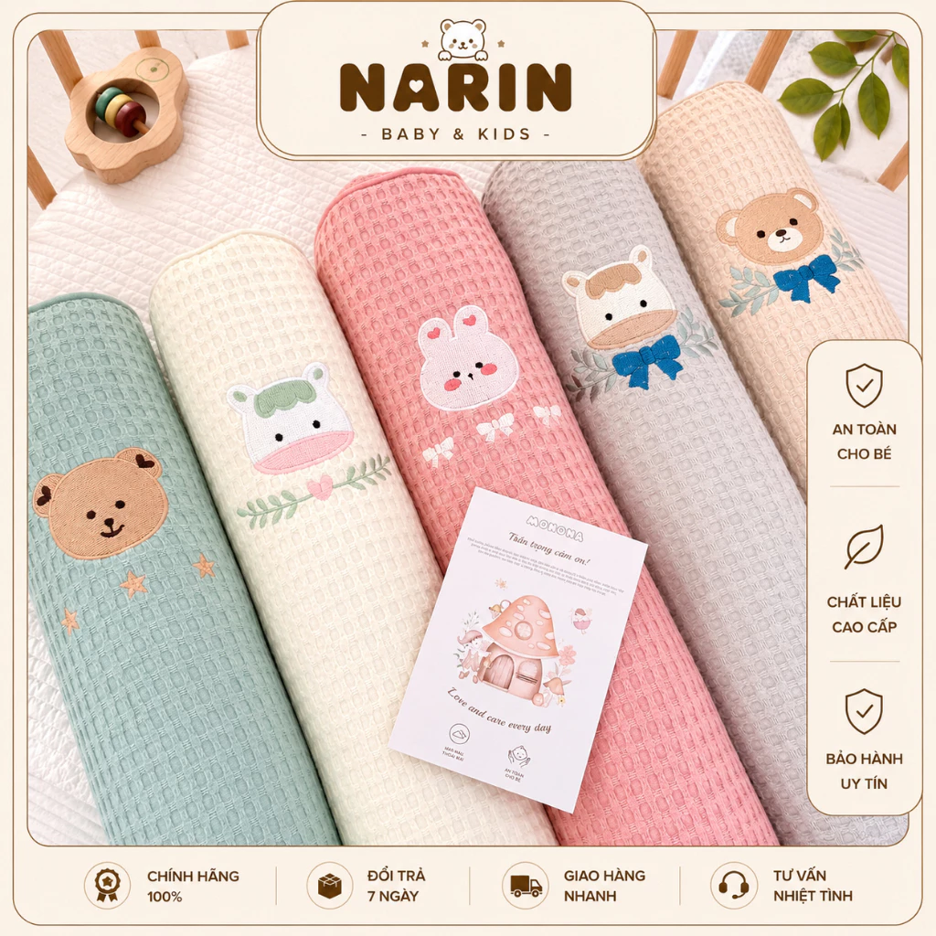 Gối ôm cho bé chất liệu Joonee - Waffle - Xốp - Trần bông cao cấp, mềm mại thấm mồ hôi không bí nóng