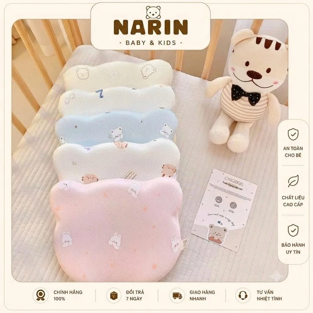 Gối Cao Su Non lõm Cho Bé MONONA MNN047 hình gấu Gối Chống Bẹp Đầu Méo Đầu Cho Bé Cực Mềm Mịn