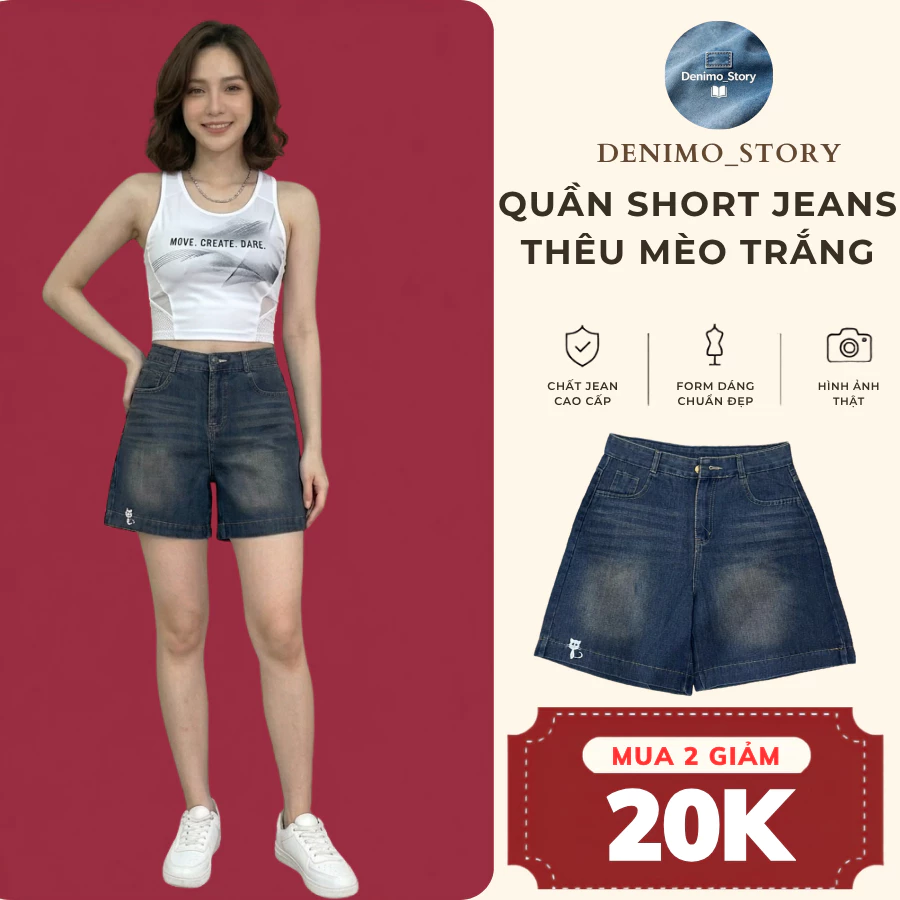 Quần short jean nữ Denimo, quần đùi ngố nữ thêu mèo trắng chất jean mềm dễ phối đồ tôn dáng đủ size từ S - 2XL