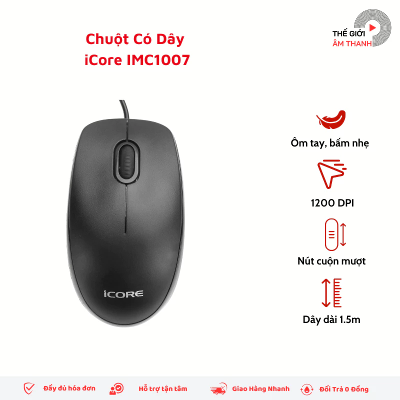 Chuột Có Dây iCore IMC1007 - Silent 90%, Cảm Biến 1200 DPI, Giá Rẻ - THẾ GIỚI ÂM THANH