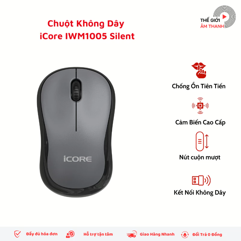 Chuột Không Dây iCore IWM1005 Silent 1200 DPI, Giảm 90% Tiếng Ồn, 2.4GHz, Dùng Cho Laptop PC - THẾ GIỚI ÂM THANH