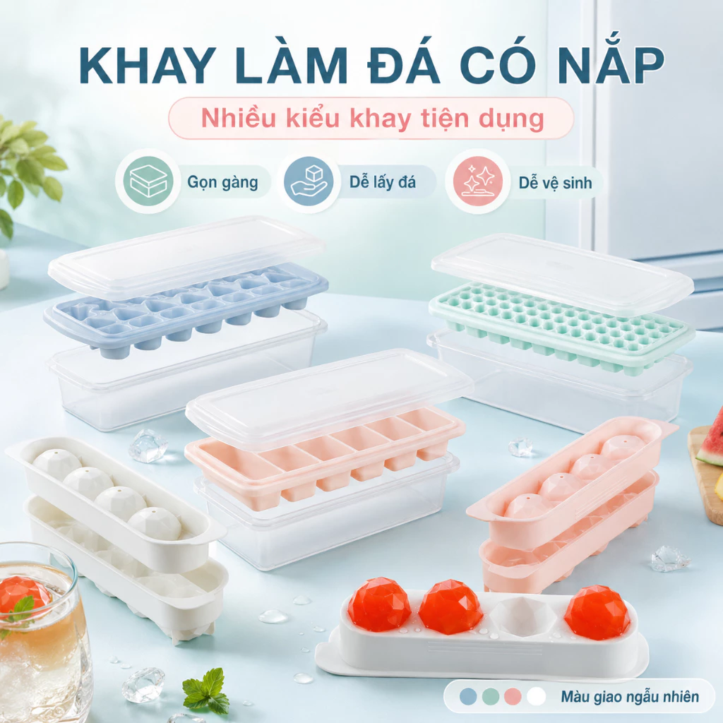 Khay Đá Inochi  - Gồm Nắp, Hộp Đựng, Kháng Khuẩn, Nhựa PP An Toàn - Thiết Kế Nhật Bản