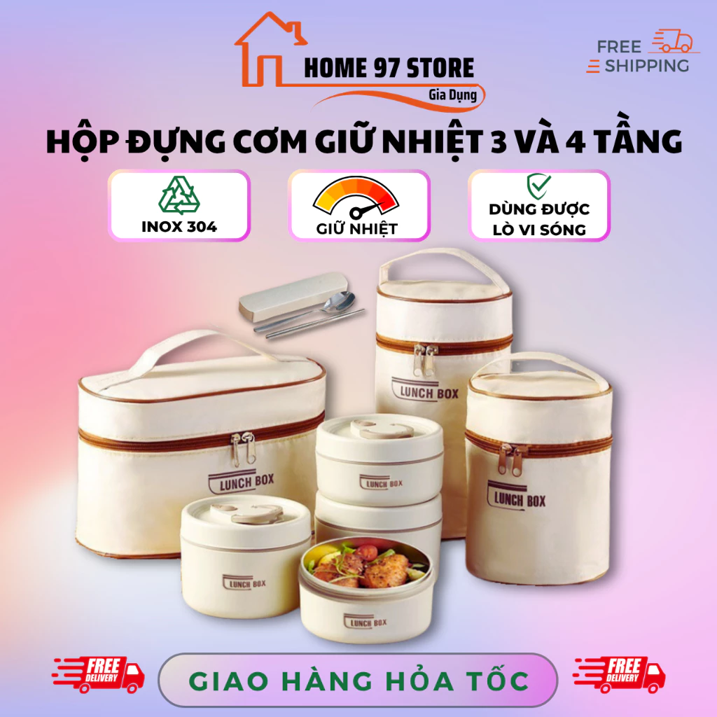 Hộp Cơm Giữ Nhiệt Inox 3 4 Tầng Văn Phòng Có Quai Xách – Hộp Đựng Cơm Giữ Nhiệt Nhiều Ngăn Cho Nhân Viên, Học Sinh
