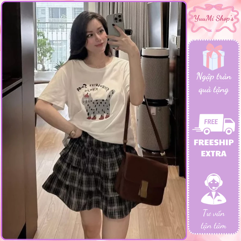 Set bộ nữ áo phông basic form suông rộng kết hợp chân váy caro bèo tầng outfit cá tính ulzzang HCOM25916