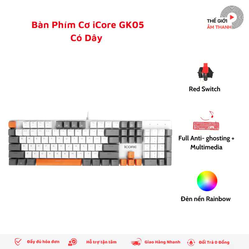 Bàn Phím Cơ iCore GK05 Có Dây - Red Switch Êm Ái, Đèn LED Cầu Vồng - THẾ GIỚI ÂM THANH
