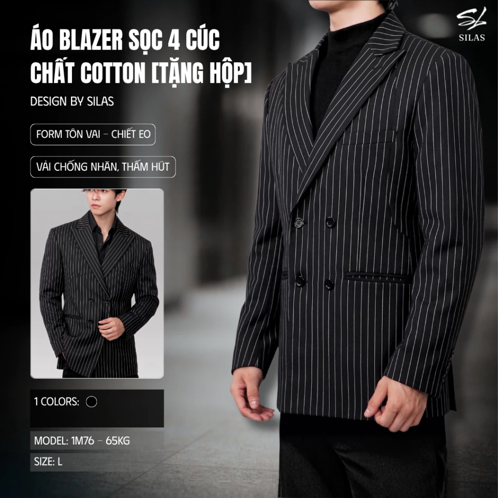 Áo Khoác Blazer Nam Sọc SILAS 4 Nút Đứng Form Khoác Vest Tôn Vai Dày Dặn Phong Cách - BLSLS01
