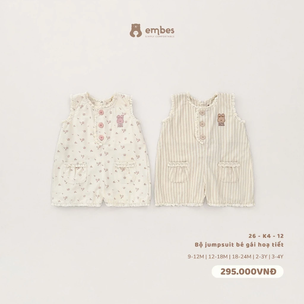 Bộ Jumpsuit Bé Gái Embes, Bộ Liền Thân Họa Tiết Phối Viền Ren Chất Cotton Cho Bé Gái Size Từ 8-18kg