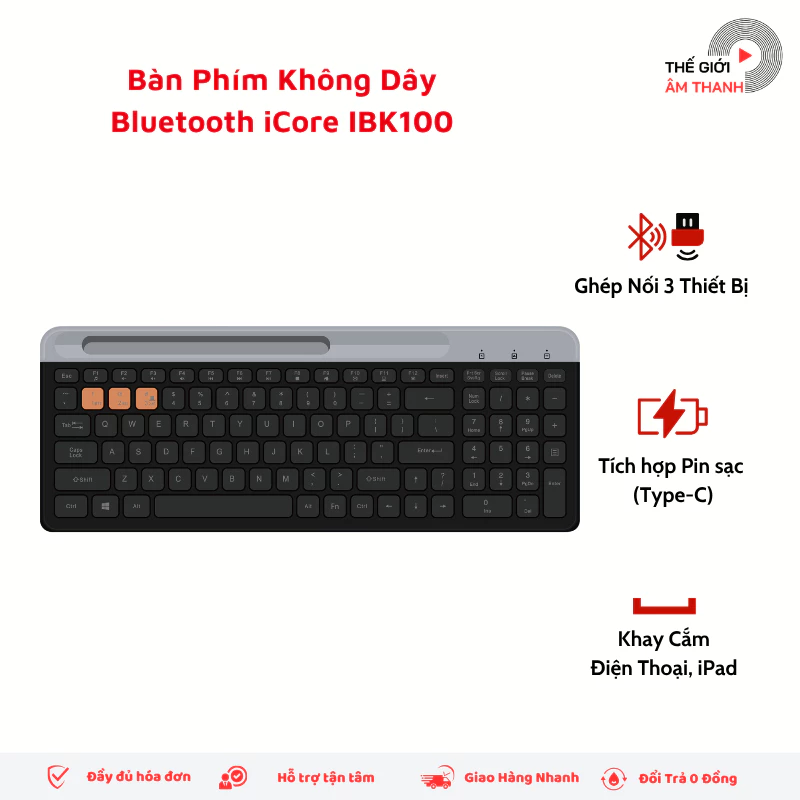 Bàn Phím Không Dây Bluetooth iCore IBK100 - Thiết Kế Tinh Tế, Đa Kết Nối - THẾ GIỚI ÂM THANH