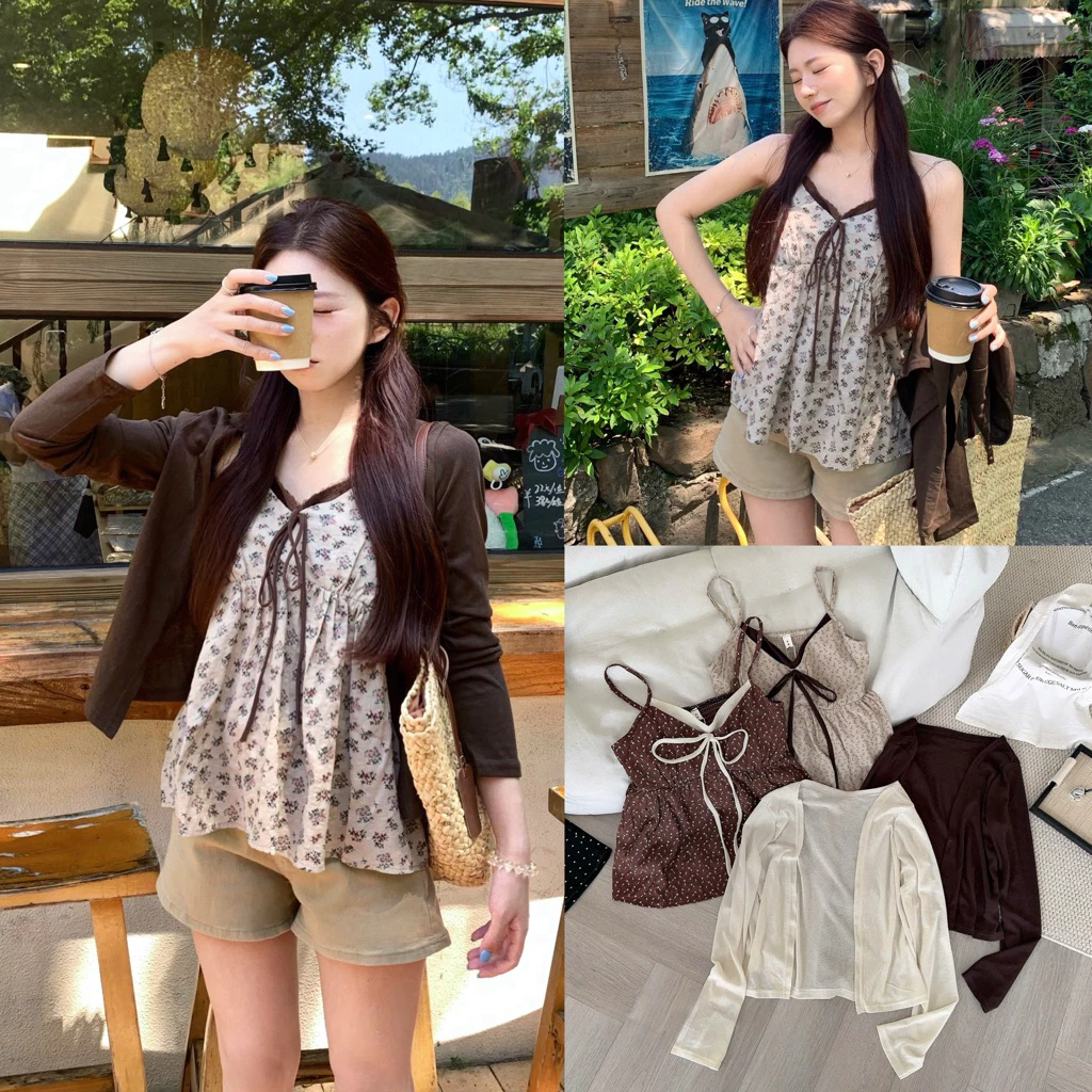 [Hàng Loại 1] Set áo 2 dây hoa nhí thắt nơ mix áo cardigan mỏng khoác ngoài vintage ”MỘC TRÀ”- A5730