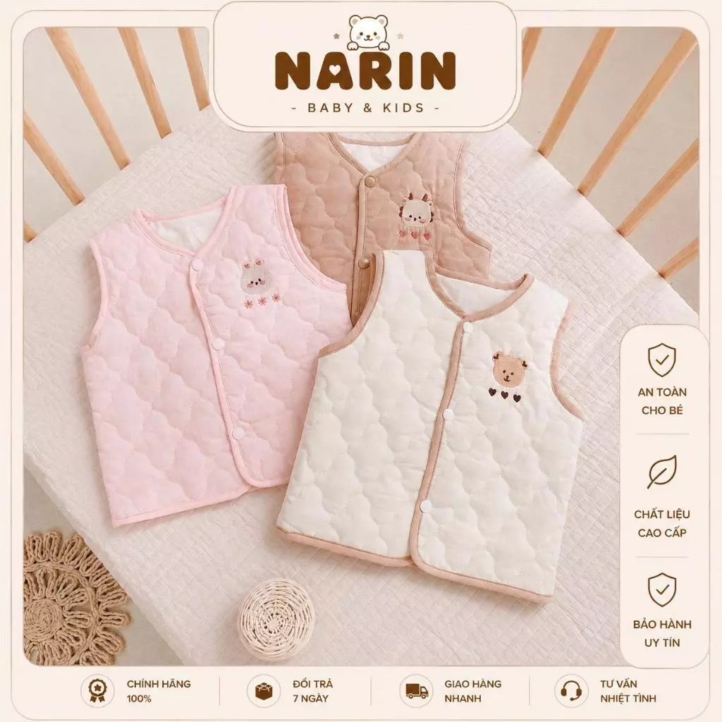 Áo Gile Cotton Trần Bông Monona Có Lớp Lót Trong Áo Cúc Bấm Tròn Dễ Sử Dụng An Toàn Mềm Mại Cho Bé Mozio