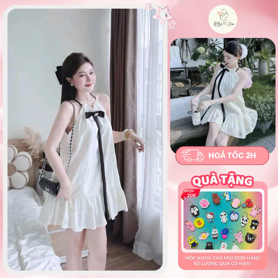 Set Váy Yếm Thêu Hoa Cài Nơ Tiểu Thư, Đầm Babydoll Suông Rộng Nàng Thơ Đi Chơi Đi Biển