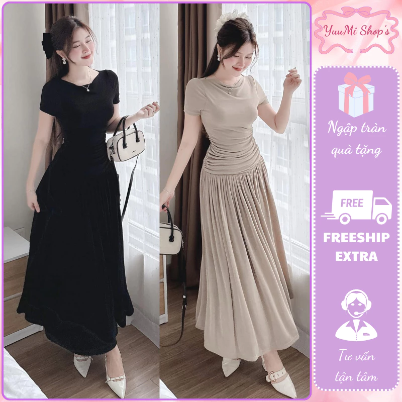 Set bộ váy dài thướt tha nữ áo phông chiết eo corset kèm váy chữ A outfit tiểu thư ulzzang HCOM3603