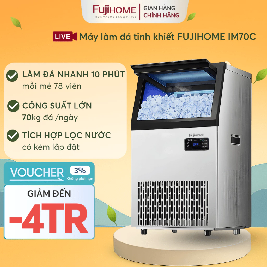 Máy làm đá tinh khiết công suất lớn Nhập Khẩu FUJIHOME IM70C, Máy làm đá nhanh lọc nước công nghiệp