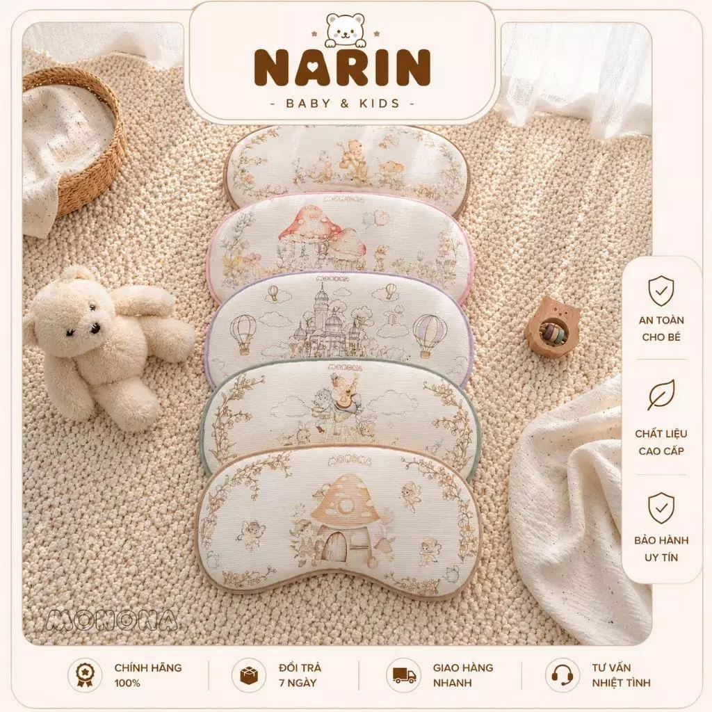 Gối airmesh Monona, gối làm mát 3D thoáng khí thiết kế cong hỗ trợ tư thế ngủ cho bé, cotton waffle êm ái.