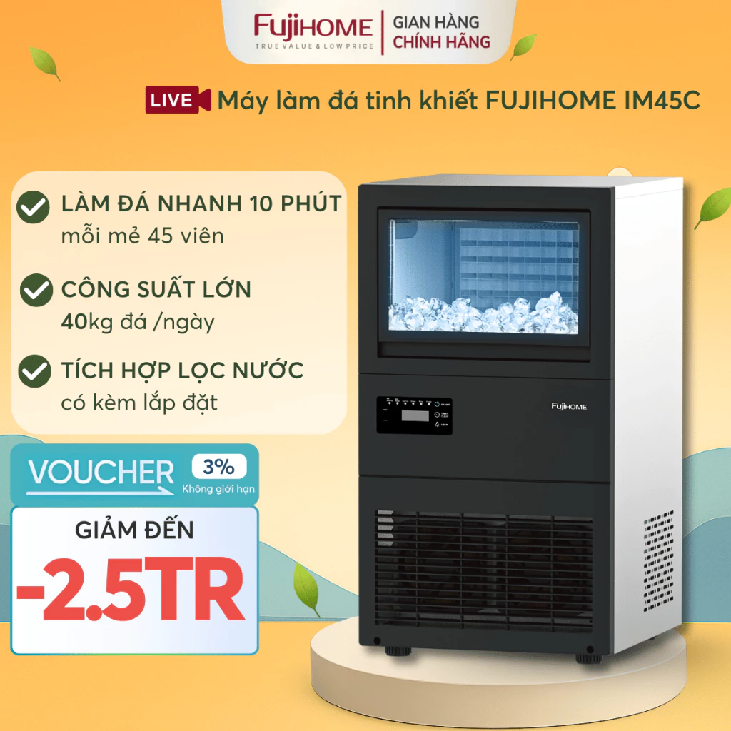 Máy làm đá viên tinh khiết FUJIHOME IM45C, máy tạo đá nhanh công nghiệp có lắp đặt hoặc tự lắp