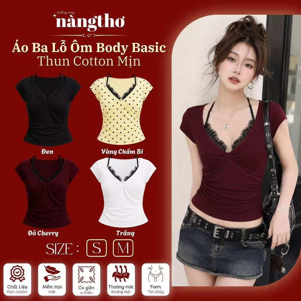 409 Sunny Dot- Áo Thun Cổ V Phối Ren Ôm Body Chất Thun Cotton Mịn Co Giãn