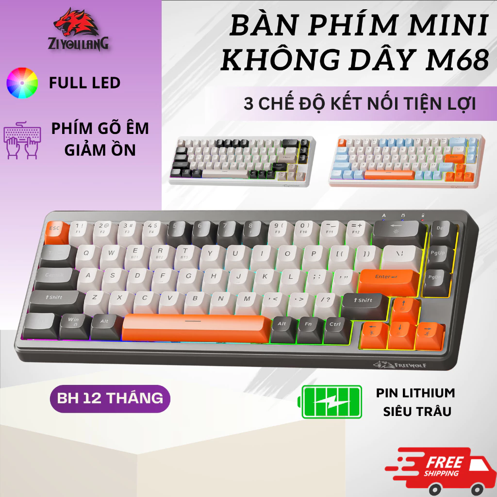Bàn Phím MINI Không Dây Free Wolf M68 - Full Led, Nhỏ Gọn, 3 Chế Độ Kết Nối Tương Thích Máy Tính ĐT