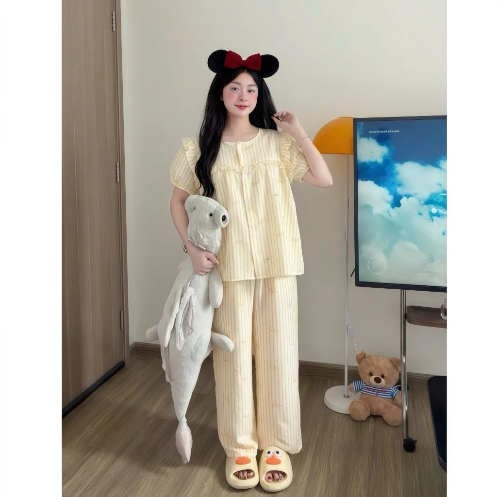 Kozoda Đồ Ngủ Cotton BN80 Họa Tiết Kẻ Sọc Dễ Thương Dáng Suông Ngắn Tay Thoải Mái Chất Liệu Mềm Mại Phù Hợp Mặc Ở Nhà
