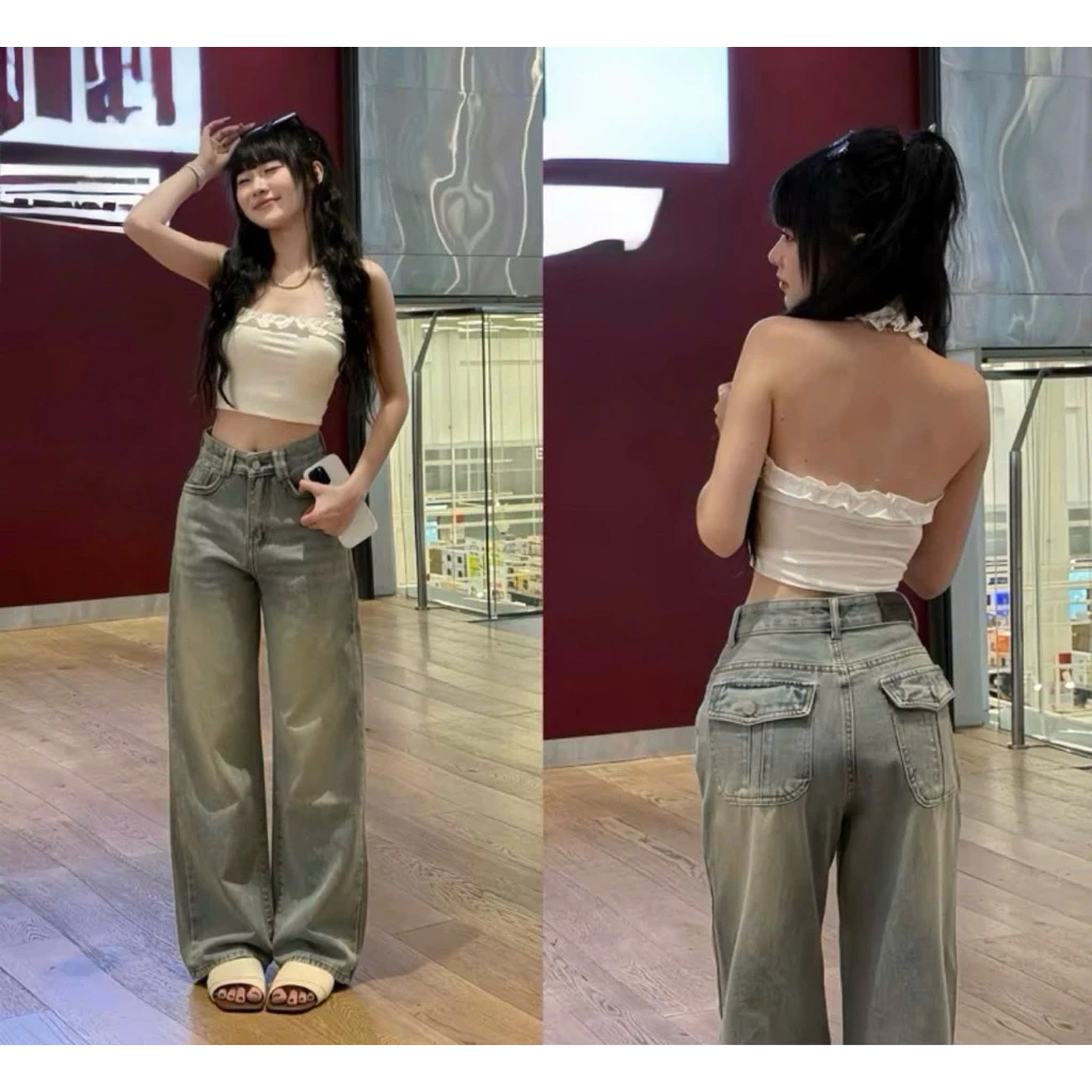 Quần jeans suông túi hộp sau phối đỉa đôi cạp cao chất bò không giãn đủ 4 màu hot