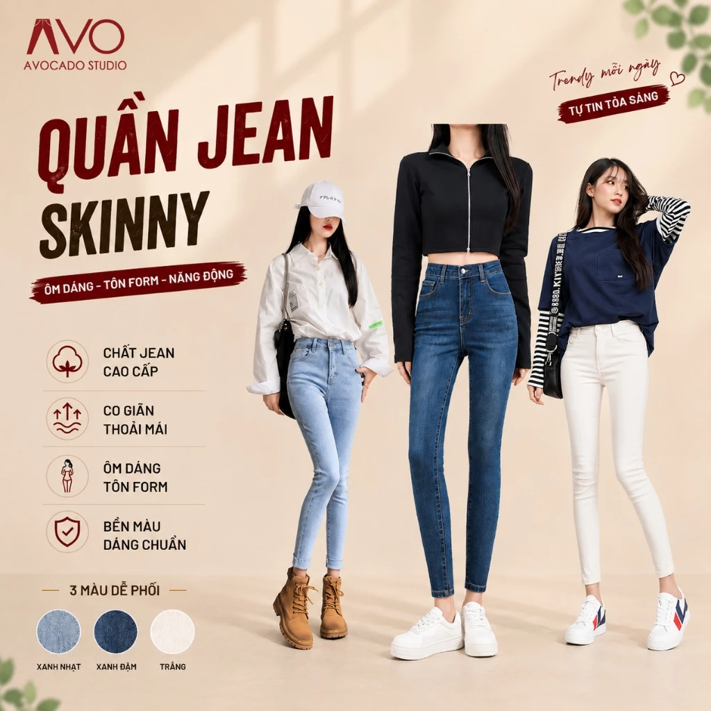 Quần Bò jeans nữ dáng ôm skinny lưng cao Avo Avocado co giãn form dài trẻ trung bigsize