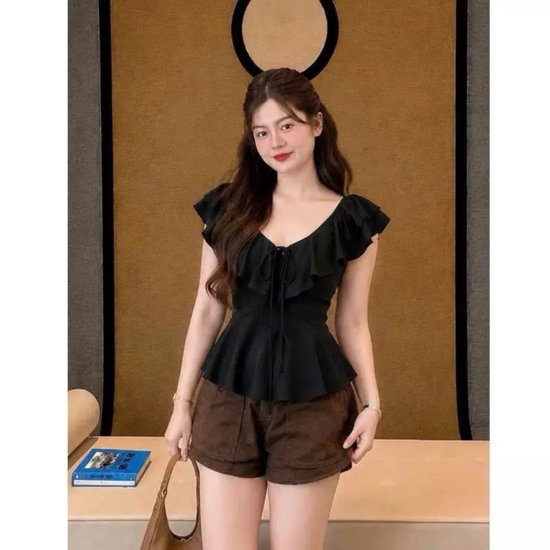 888 BIGGSIZE Áo thun điệu nữ tạo kiểu cổ bèo buộc nơ vạt bèo