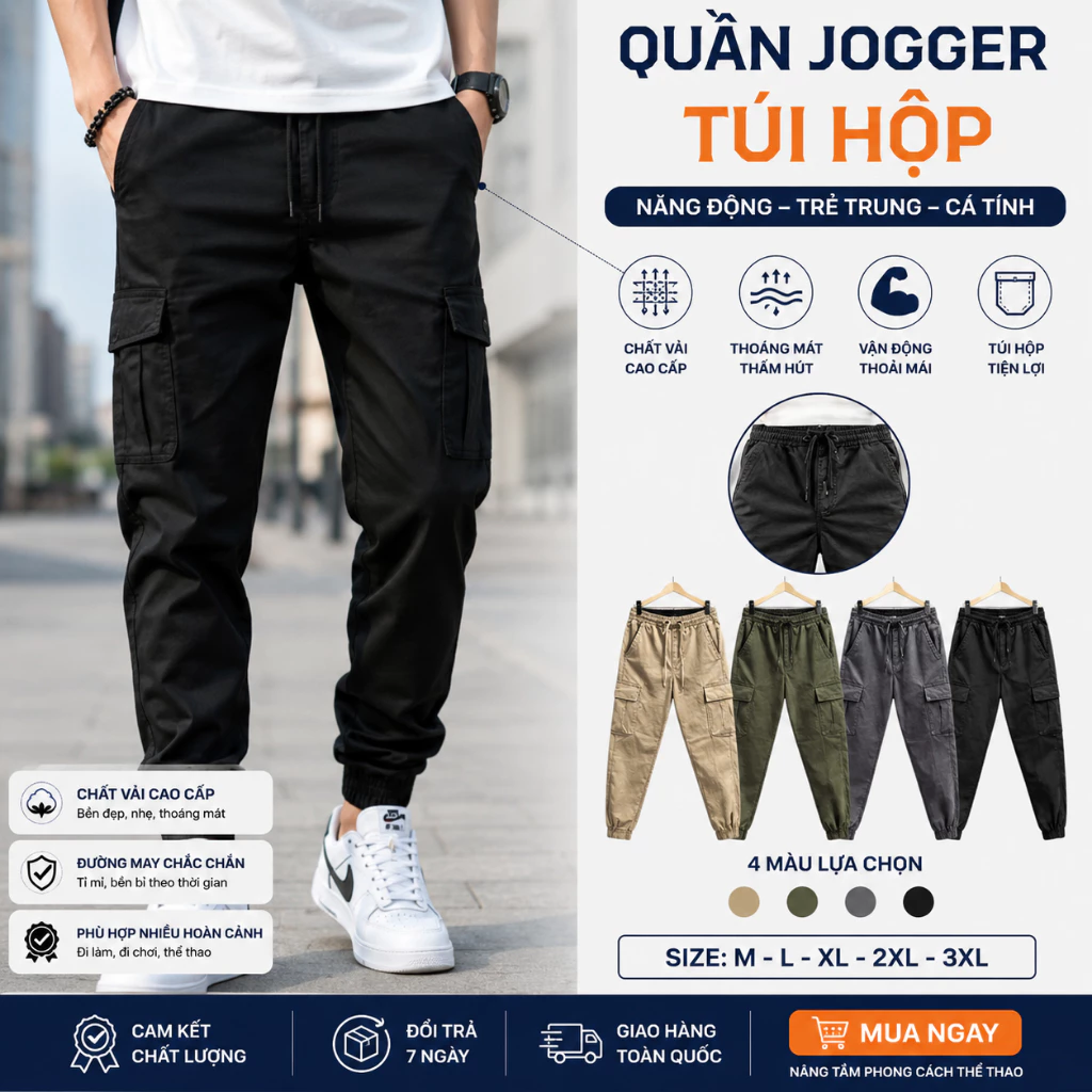 Quần Jogger Kaki Túi Hộp Basic GENALPHA, Quần Dài Kaki Jogger Túi Hộp Nam GEN5346