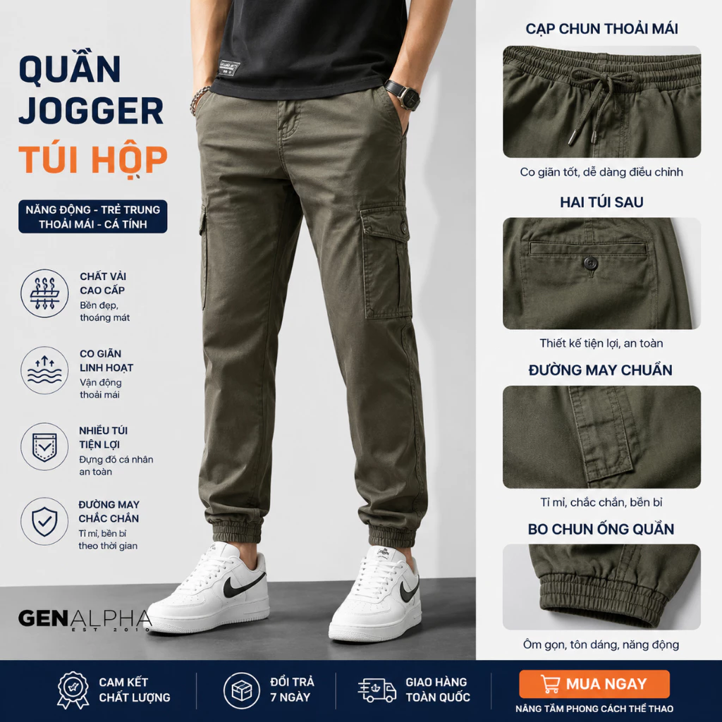 Quần Jogger Kaki Túi Hộp GENALPHA  Quần Jogger Kaki Túi Hộp Nam, Chất Vải Kaki Mềm Co Giãn GEN534