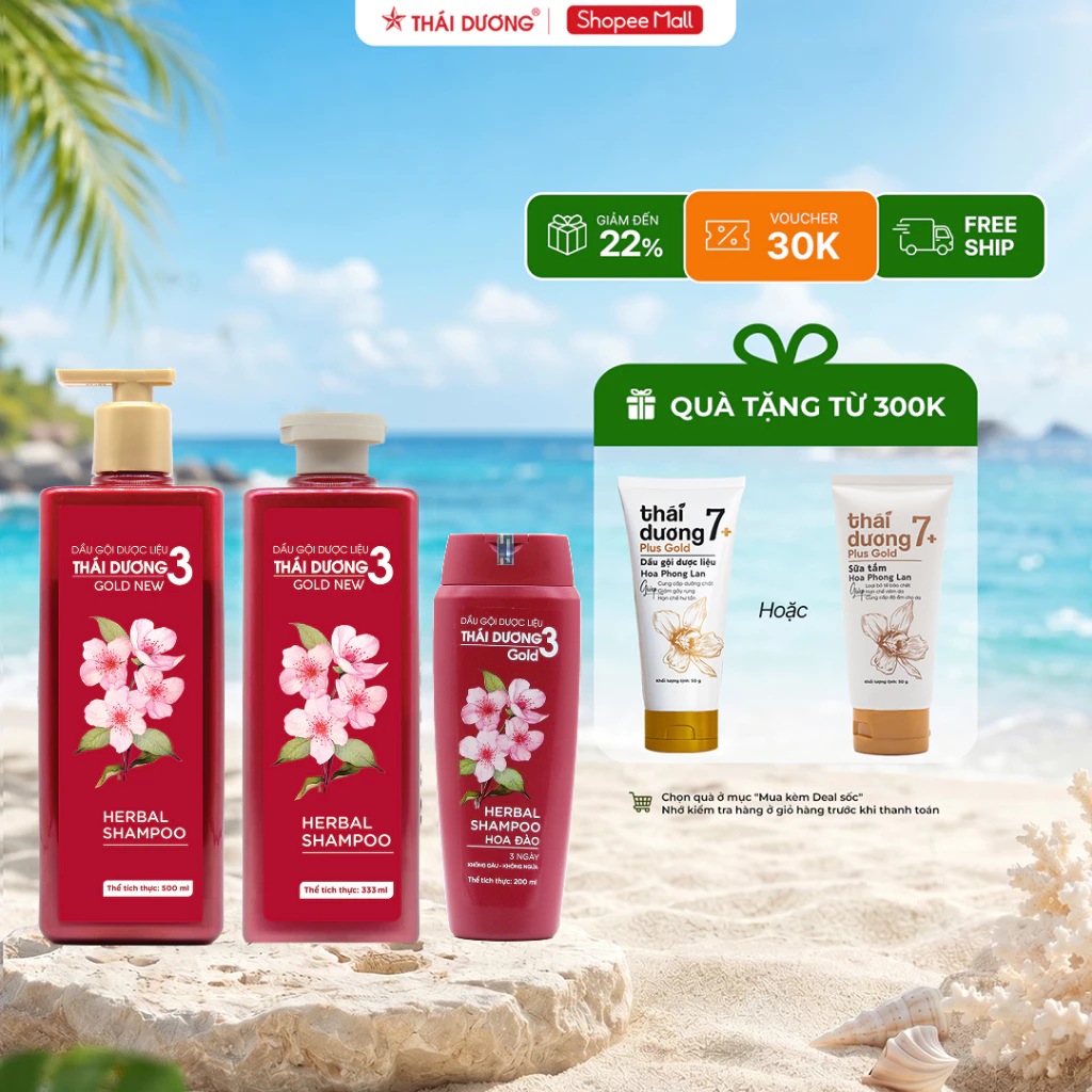 Dầu gội Thảo dược Thái Dương 3 Gold New Hoa Đào Chai 500ml, 333ml - Sao Thái Dương
